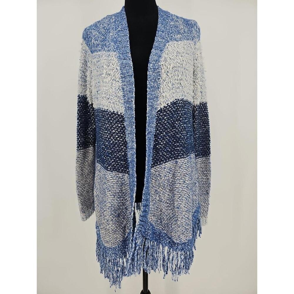 Vintage‎ Lucky Brand Cardigan Medium Blue Fringe Wool Blend Striped